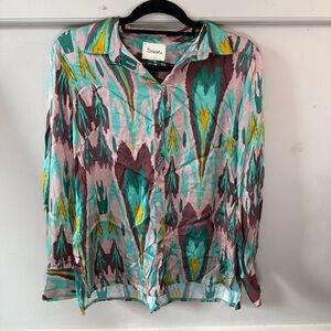 Dixie Multicolor Pink Blue Patterned Button Up Shirt Blouse